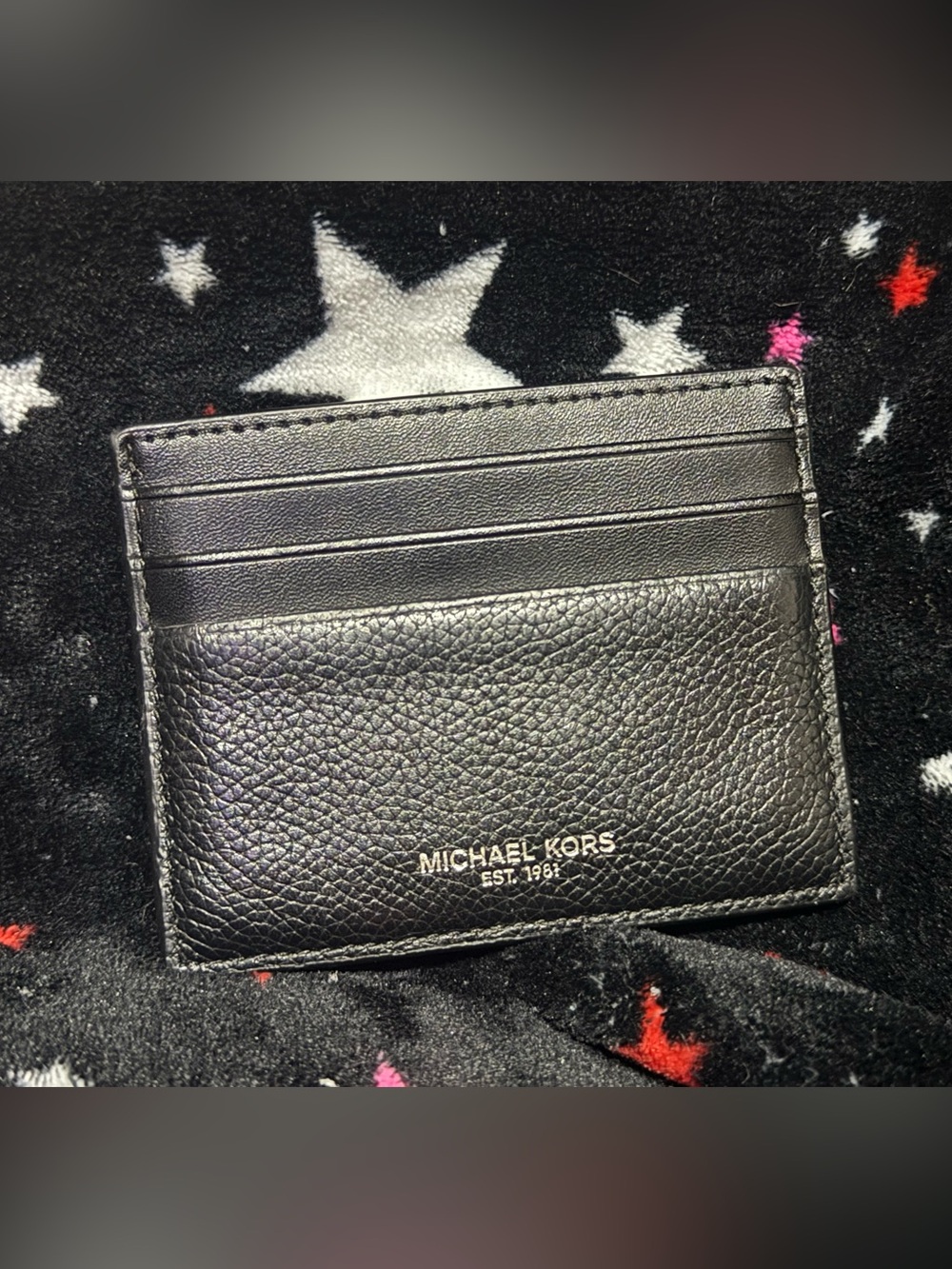 Michael Kors Black Pebbled Leather Card Case with Silver Logo